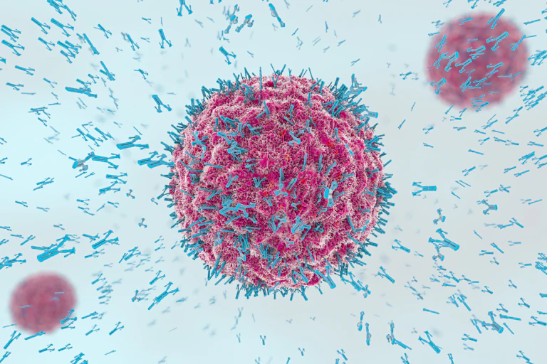 illustration of antibodies attacking virus cell into the bloodstream