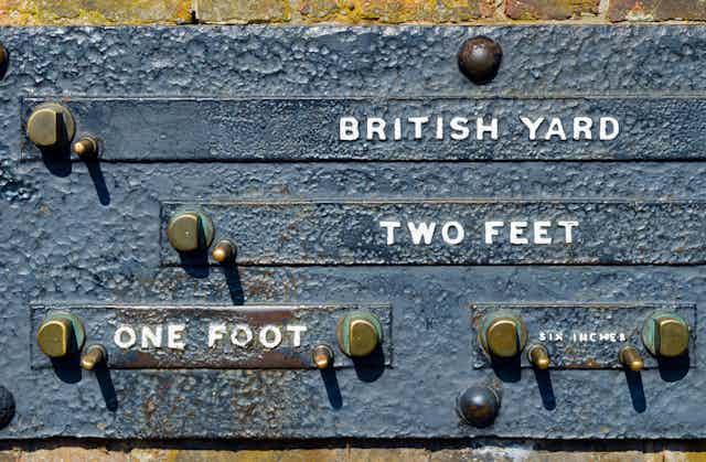 A sign at the Greenwich Royal Observatory displaying Standard Imperial Measurements of a British Yard, 2 Feet, 1 Foot and Six Inches