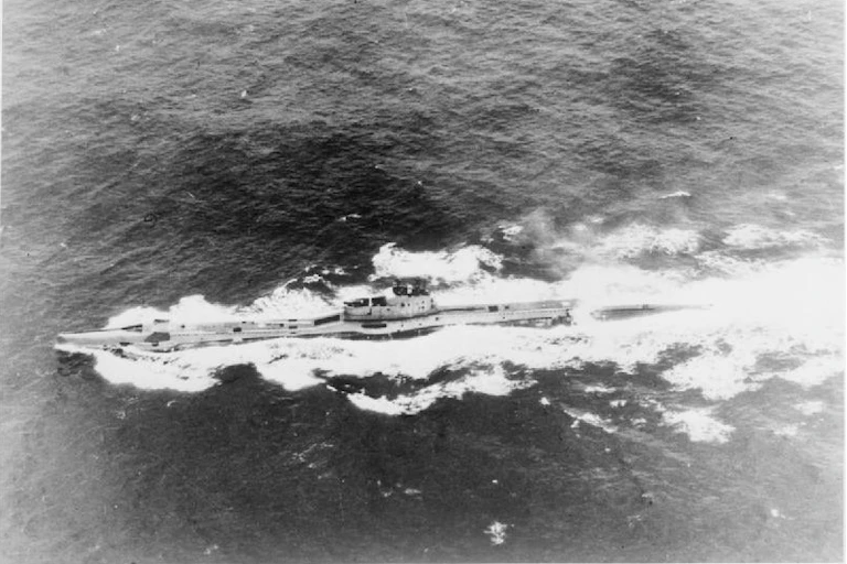 Aerial photograph of Royal Navy submarine, HMS Triumph, after it was rebuilt in 1940.