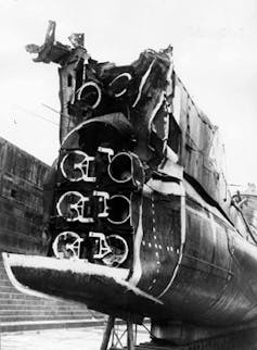 Image showing the stern of HMS Triumph, damaged by a German mine in December 1939.
