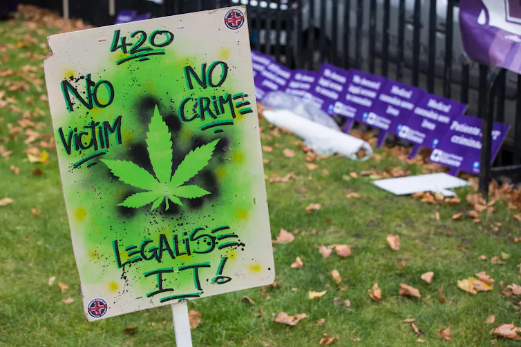 A poster at a protest reading '420, no victim no crime, legalise it' with a spray-painted silhouette of a pot leaf.