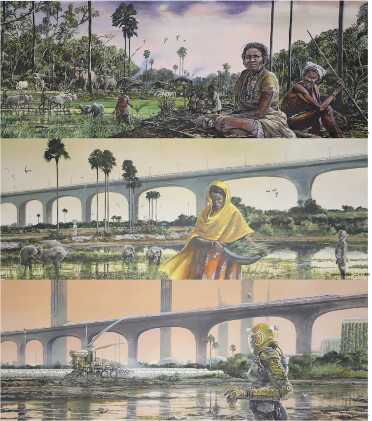 A triptych of social and infrastructure changes over time due to the severity of climate change