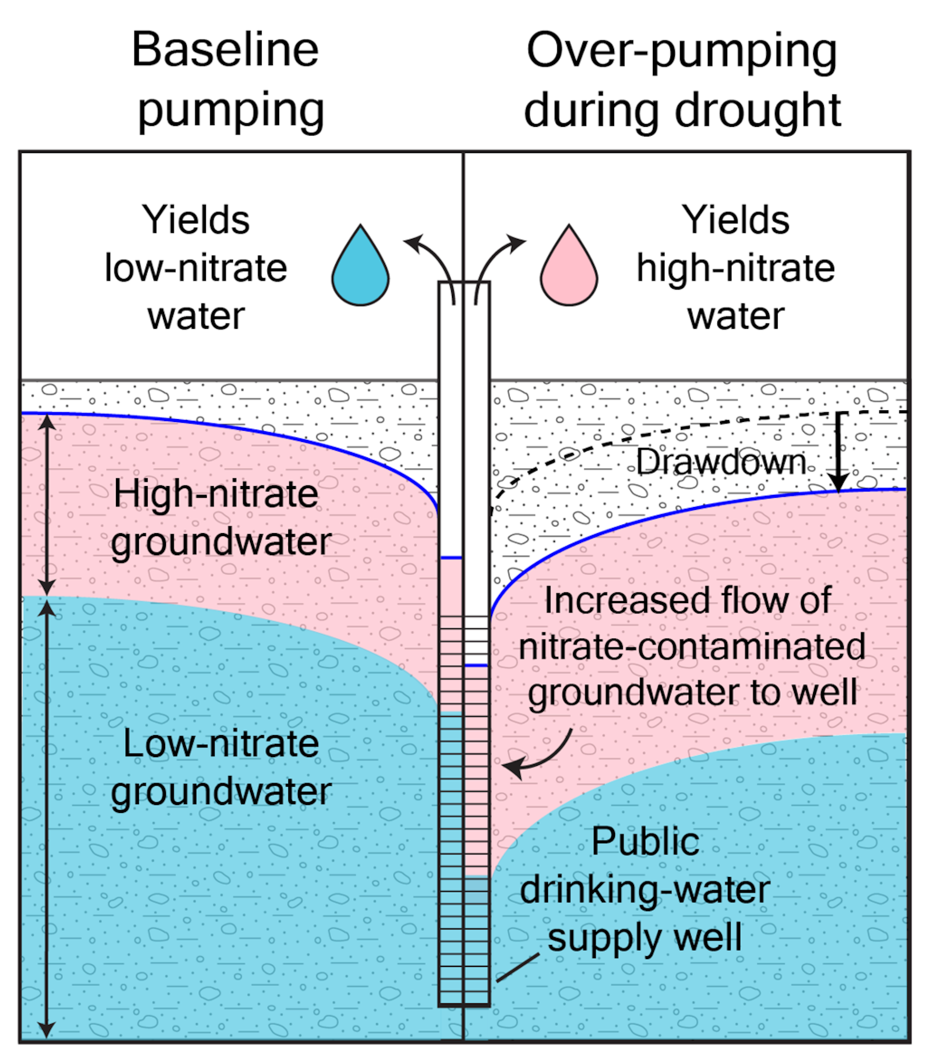 Ways that nitrates enter water as more groundwater is pumped out on a pink and blue chart
