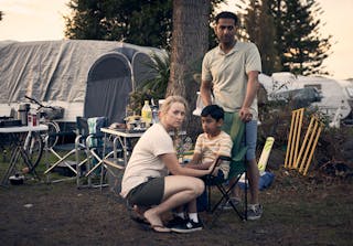 Production still: Anna Lise Phillips, Emil Jayan and Sachin Joab at campgrounds
