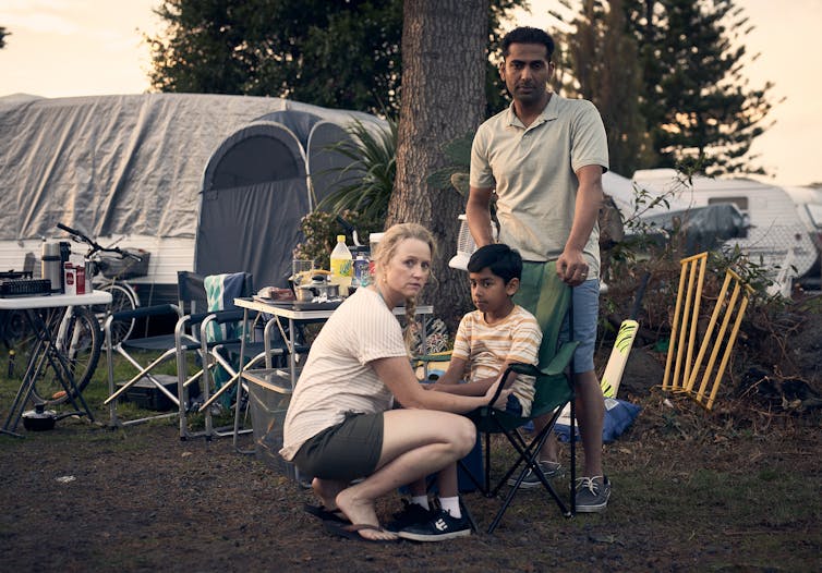 Production still: Anna Lise Phillips, Emil Jayan and Sachin Joab at campgrounds