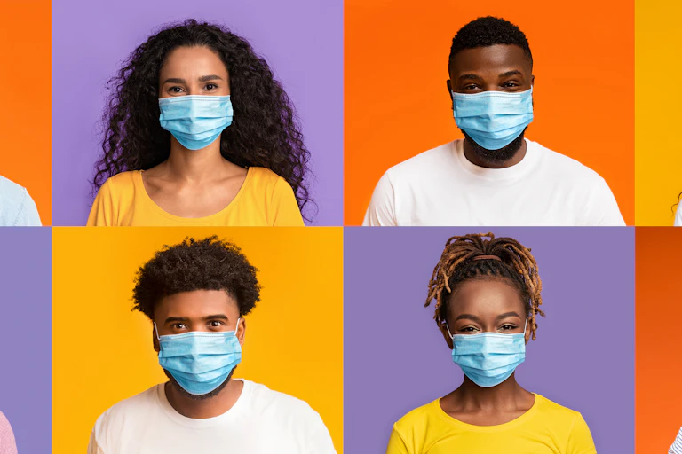 Collage of people from various mutlicultural backgrounds weearing masks