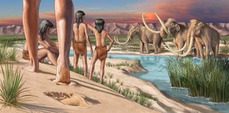 An illustration of prehistoric man and mammoths
