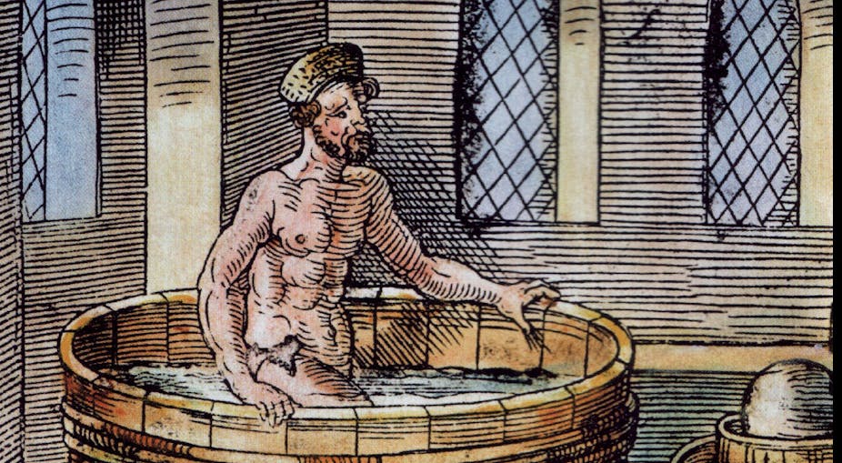 Le philosophe grec Archimède dans son bain. Gravure du XVIᵉ siècle.