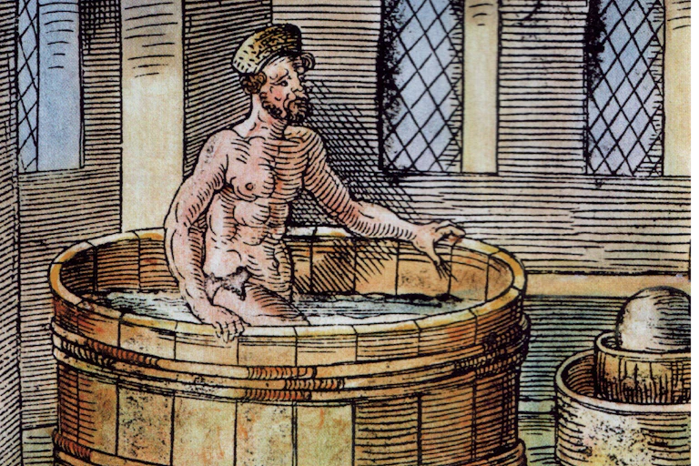 Le philosophe grec Archimède dans son bain. Gravure du XVIᵉ siècle.