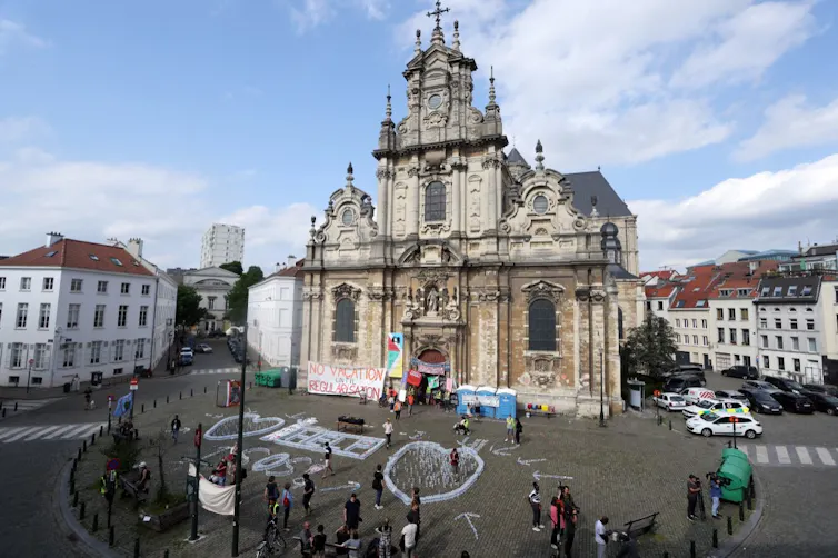 The Beguinage church, occupied by hunger-striking immigrants workers, in Brussels