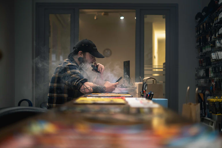 Un homme assis est en train de vapoter.