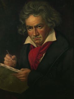 Painting of man writing in notebook.