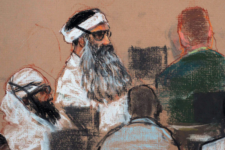 A court drawing depicting Khalid Sheikh Mohammed and co conspirators at a pretrial hearing.