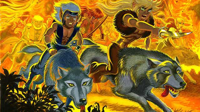 Two comic book elf characters ride wolves