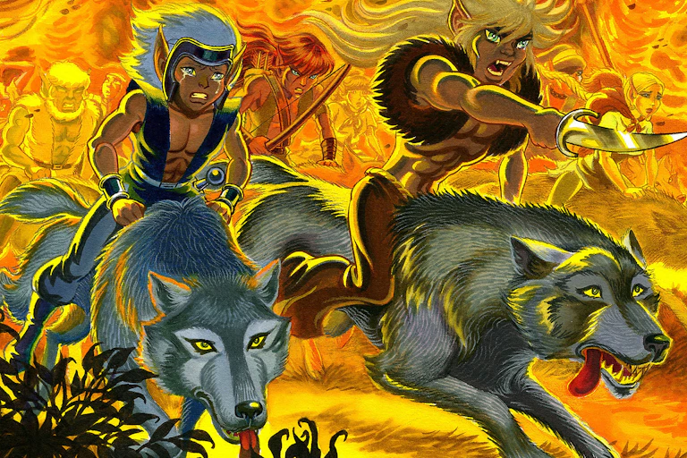 Two comic book elf characters ride wolves