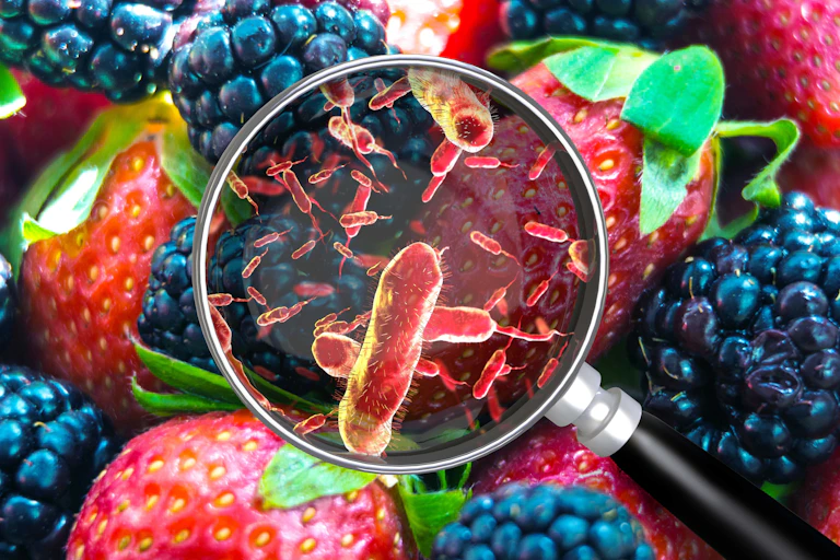 Illustration de microorganismes sur des fruits (vue d’artiste).