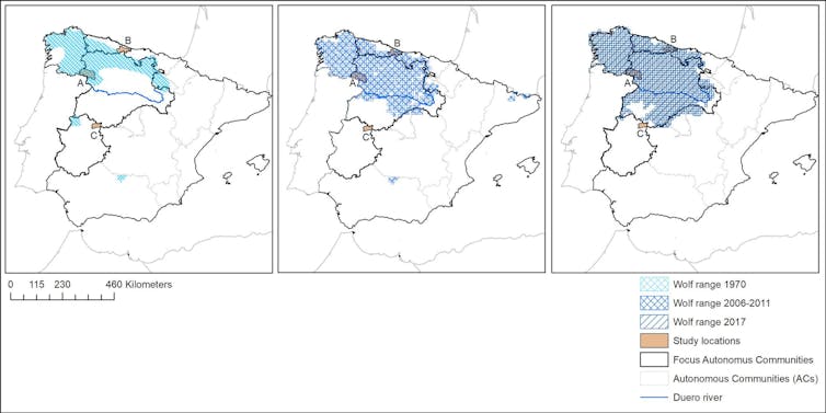 A map comparing degrees of wolf presence in different regions of Spain.