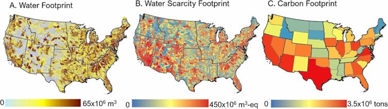 Map of data centre water footprint in the USA.