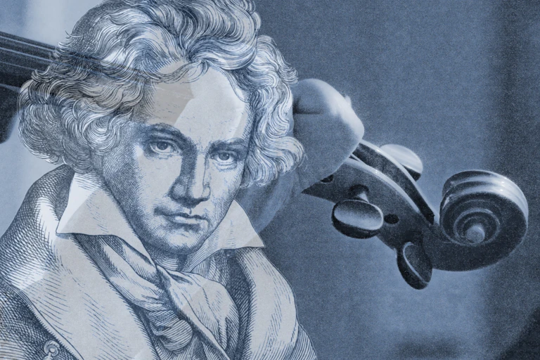 Ghostly man in front of the neck of a string instrument.