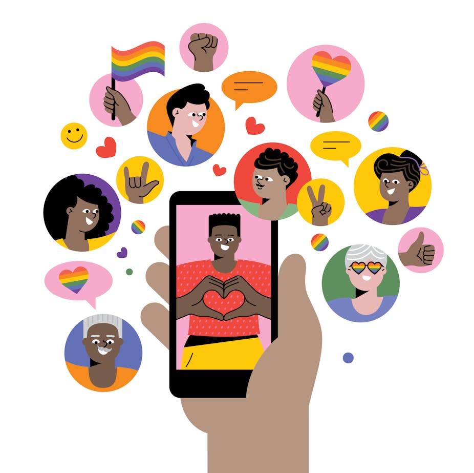 Illustration of hand holding a phone, surrounded by bubbles of smiling portraits and rainbow icons.