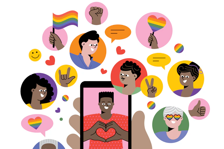 Illustration of hand holding a phone, surrounded by bubbles of smiling portraits and rainbow icons.