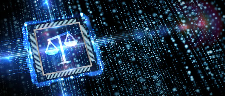 Painting of computer chip with scales of justice superimposed within its outlines.
