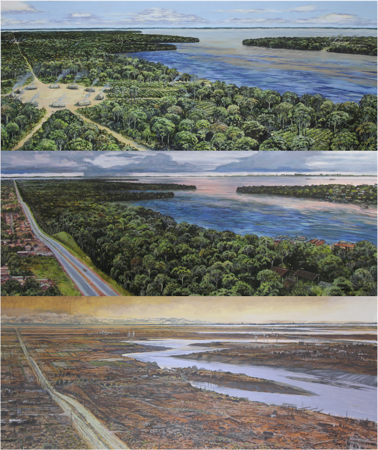 A triptych of a landscape near a river showing the how human activities affect the climate