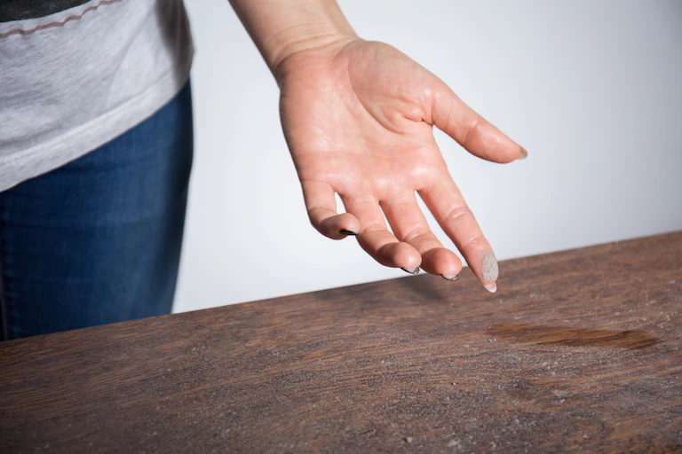 A person wipes dust from a wooden surface.