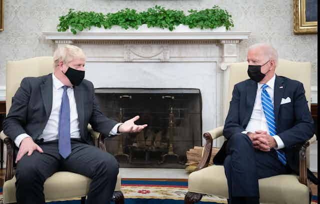 Boris Johnson and Joe Biden in conversation at the White House.
