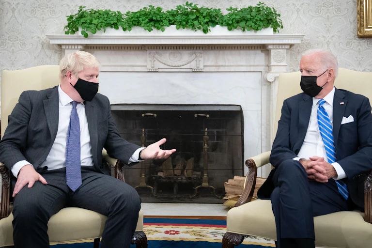 Boris Johnson and Joe Biden in conversation at the White House.