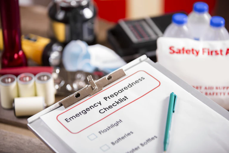 An emergency prep list with items in the background including flashlight, radio, batteries, water
