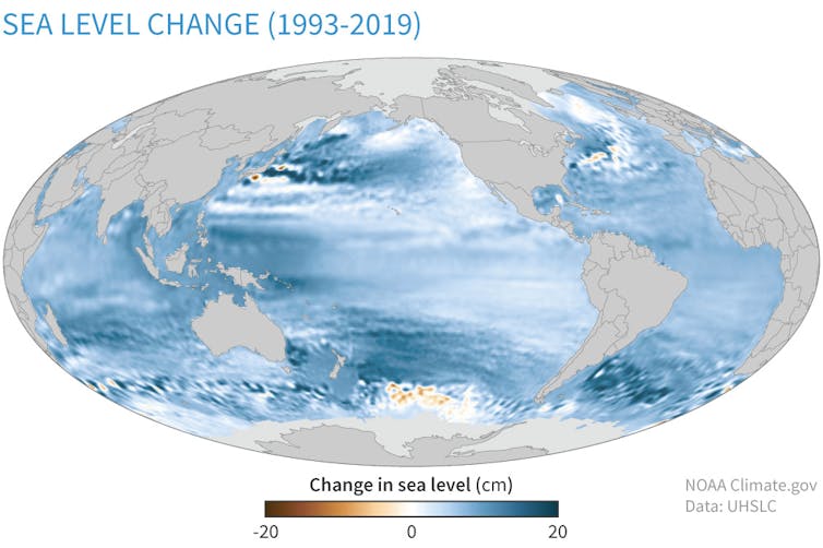 全球海平面上升的彩色地图。