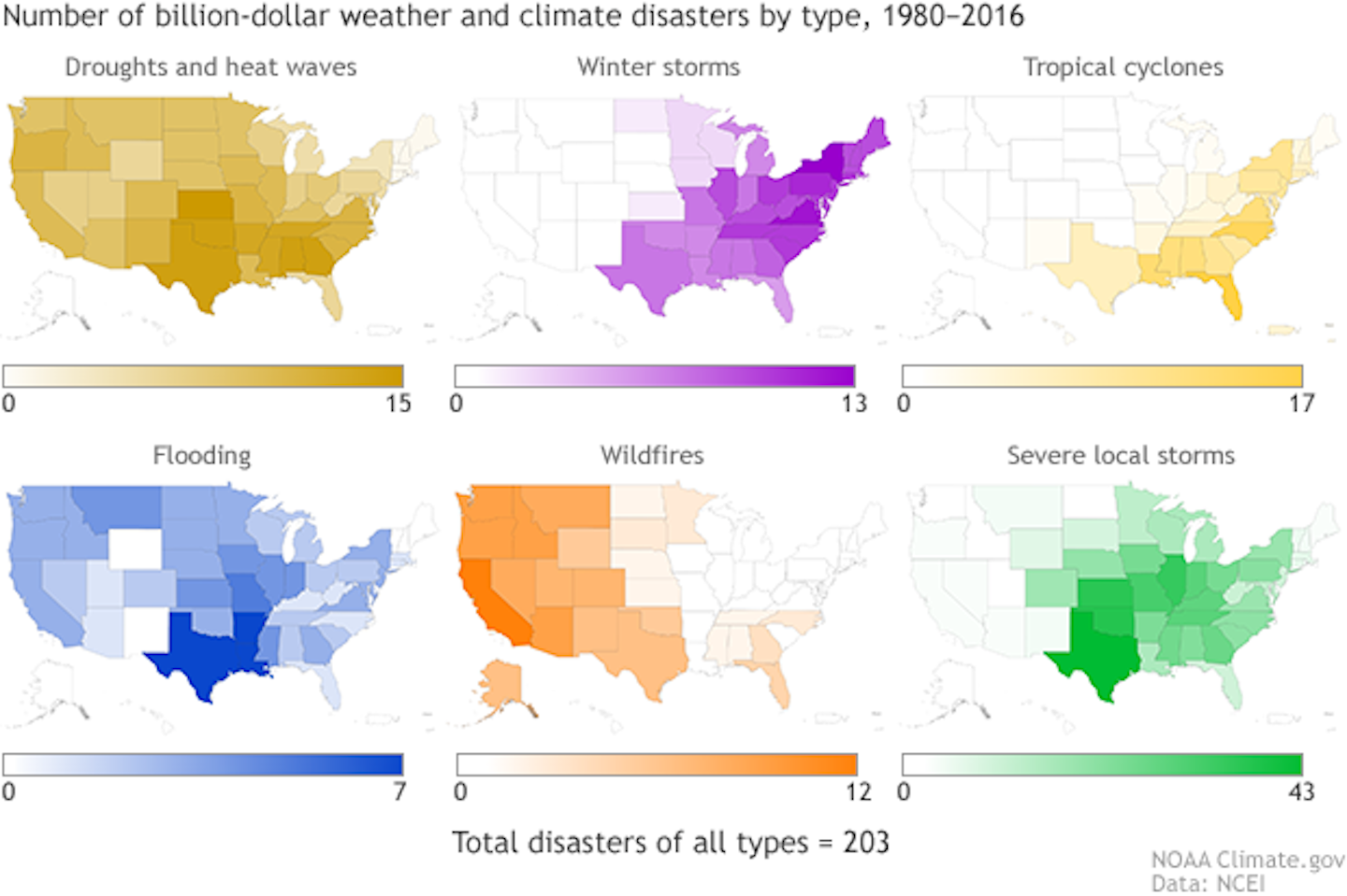 Maps show which states have the most of different types of disasters, such as tropical storms and wildfires