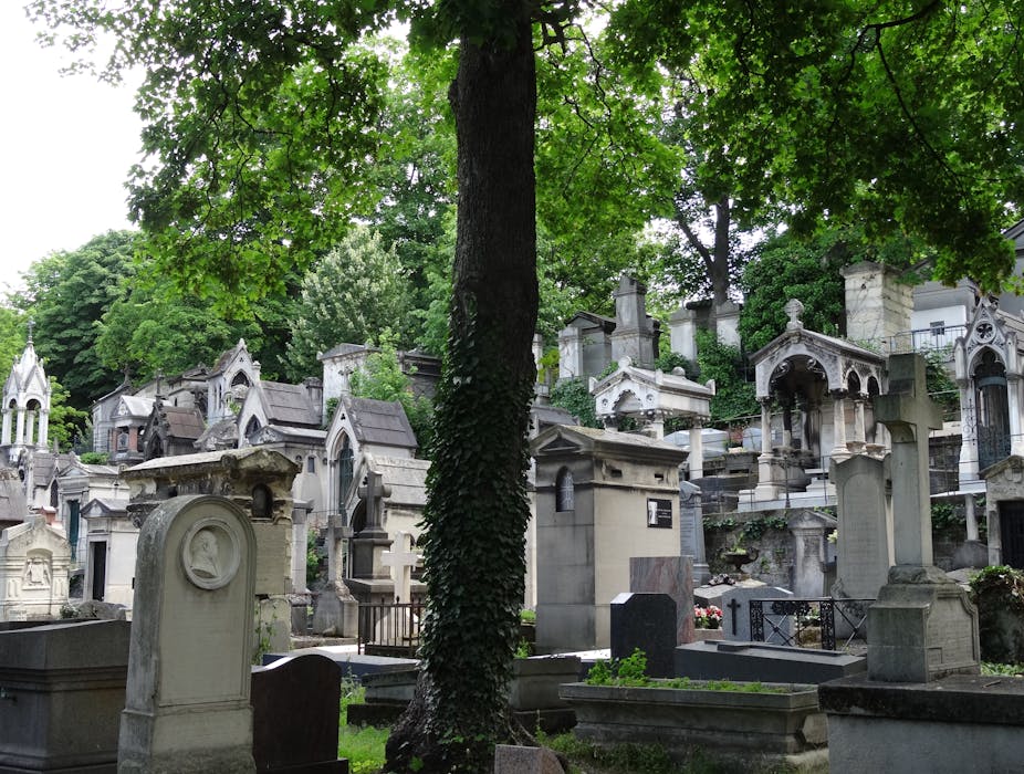 Des tombes et des arbres du cimetière de Montmartre à Paris.
