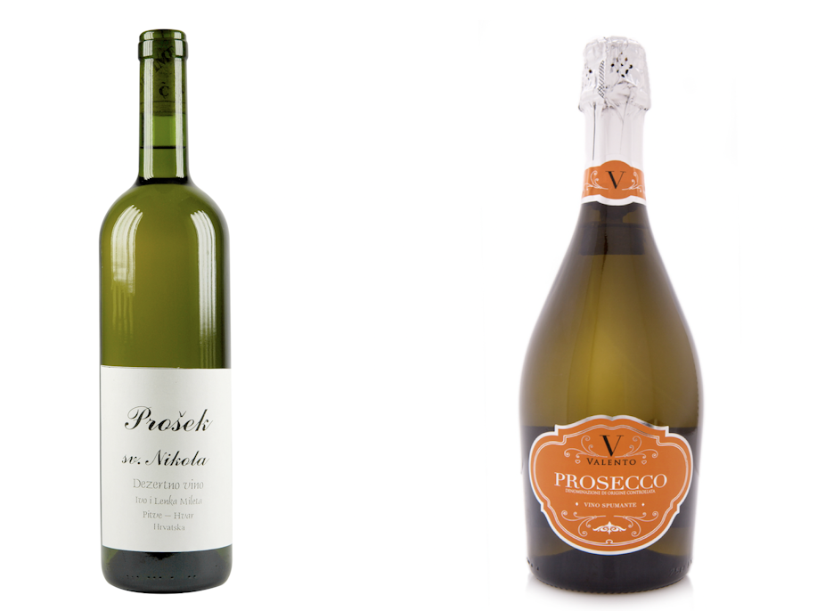 A bottle of prosek and a bottle of prosecco