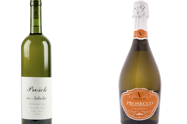 A bottle of prosek and a bottle of prosecco