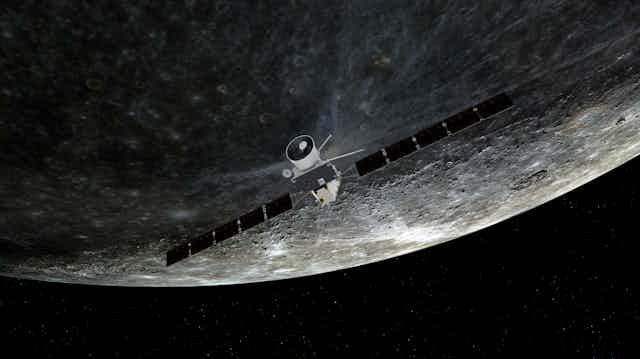 Artist's impression of BepiColombo spacecraft at 200km above surface of Mercury