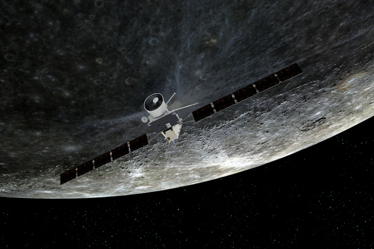 Artist's impression of BepiColombo spacecraft at 200km above surface of Mercury