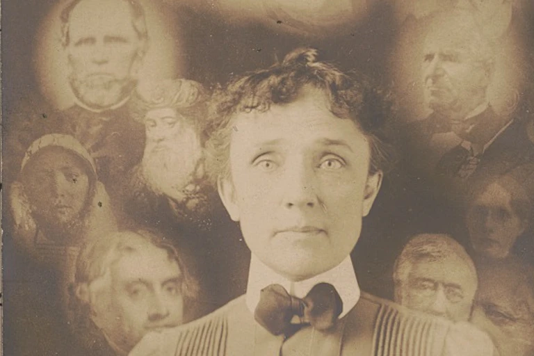 Black and white photo of a woman centre surrounded by lighter images of semi-translucent faces.