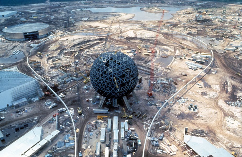 Epcot's geodesic sphere being constructed.