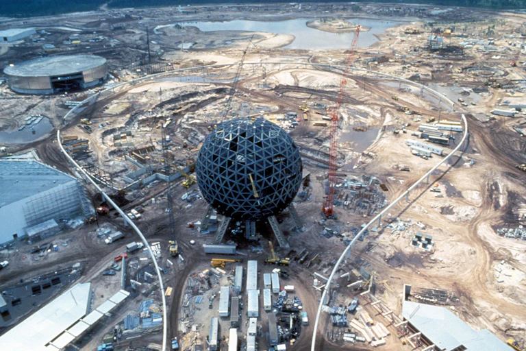 Epcot's geodesic sphere being constructed.