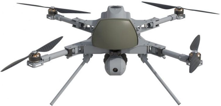 Front view of a quadcopter showing its camera