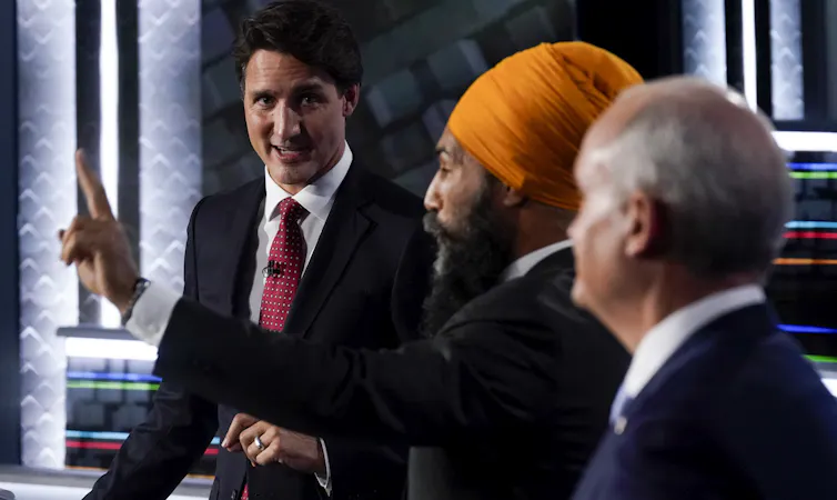 Justin Trudea, Jagmeet Singh and Erin O'Toole during the English leaders' debate
