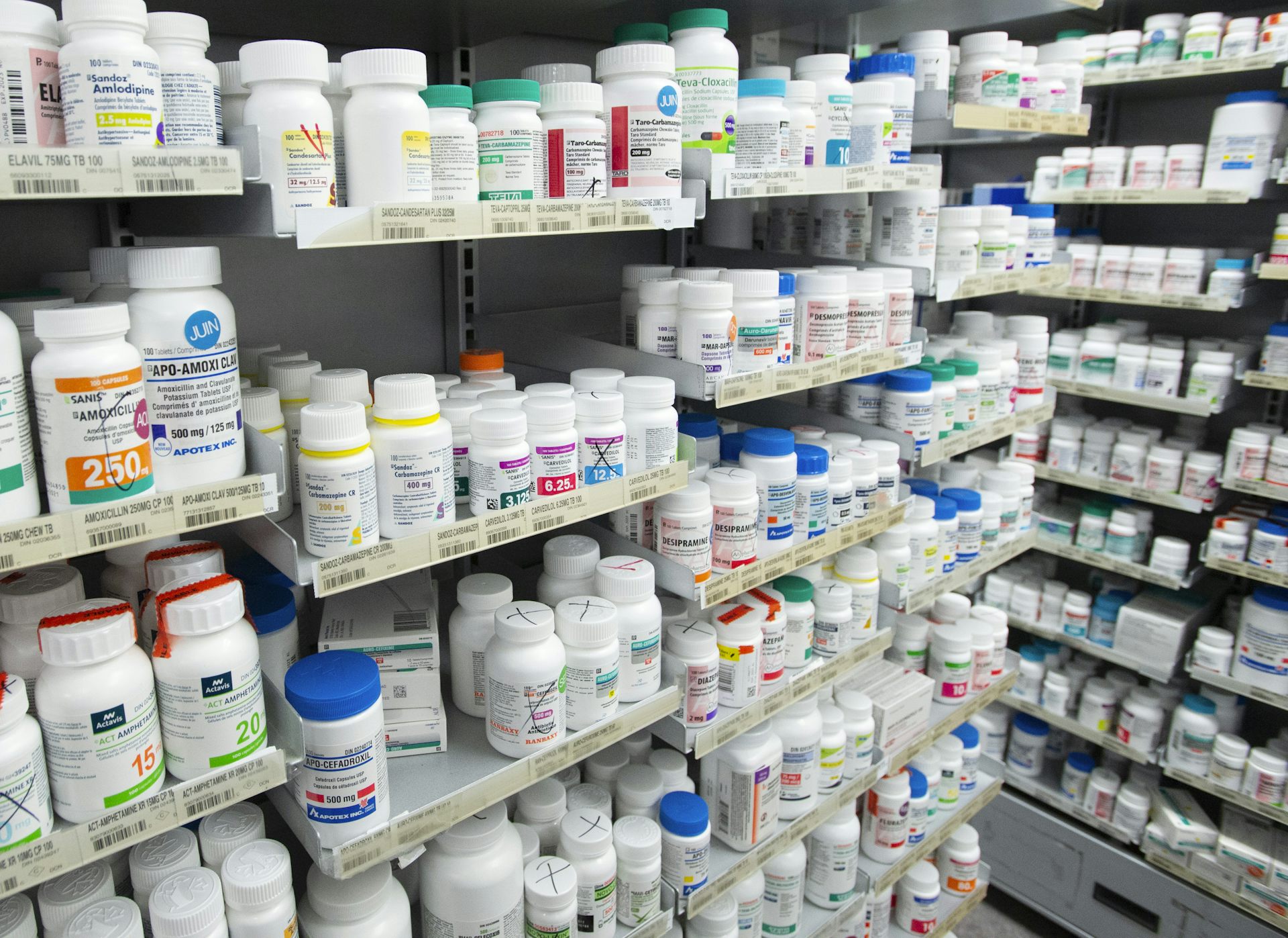 Prescription drugs on pharmacy shelves