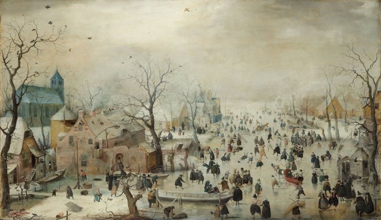 Winter Landscape with Ice Skaters, a painting by Durch artist Hendrick Avercamp (circa 1608).