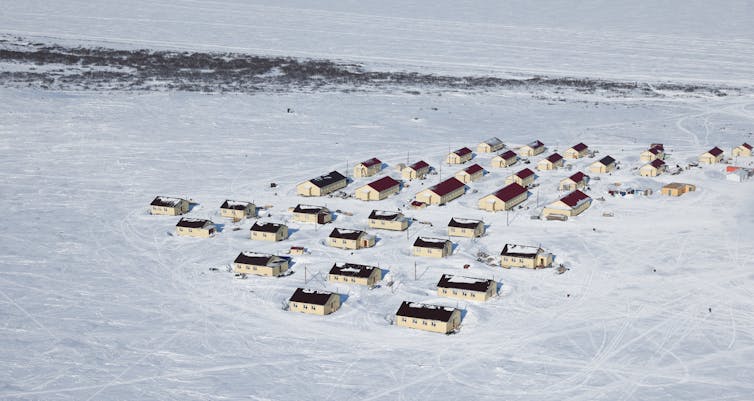 An aerial view of the village in a permafrost region of Russia.