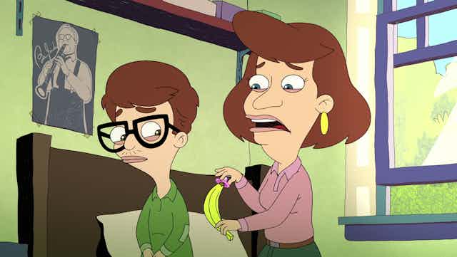 Still : Andrew Glouberman, a character in the Netflix's animated comedy Big Mouth watches a condom demonstration from mother.