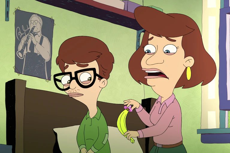 Still : Andrew Glouberman, a character in the Netflix's animated comedy Big Mouth watches a condom demonstration from mother.