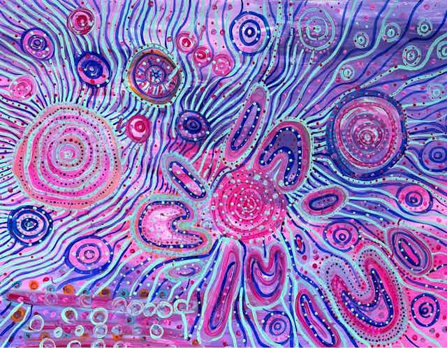 An Aboriginal painting titled Bundhurr Marburumburaay Miilgi Ngalgarra. It is pink, blue and purple.
