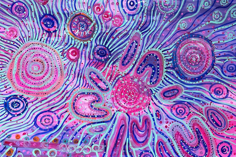 An Aboriginal painting titled Bundhurr Marburumburaay Miilgi Ngalgarra. It is pink, blue and purple.